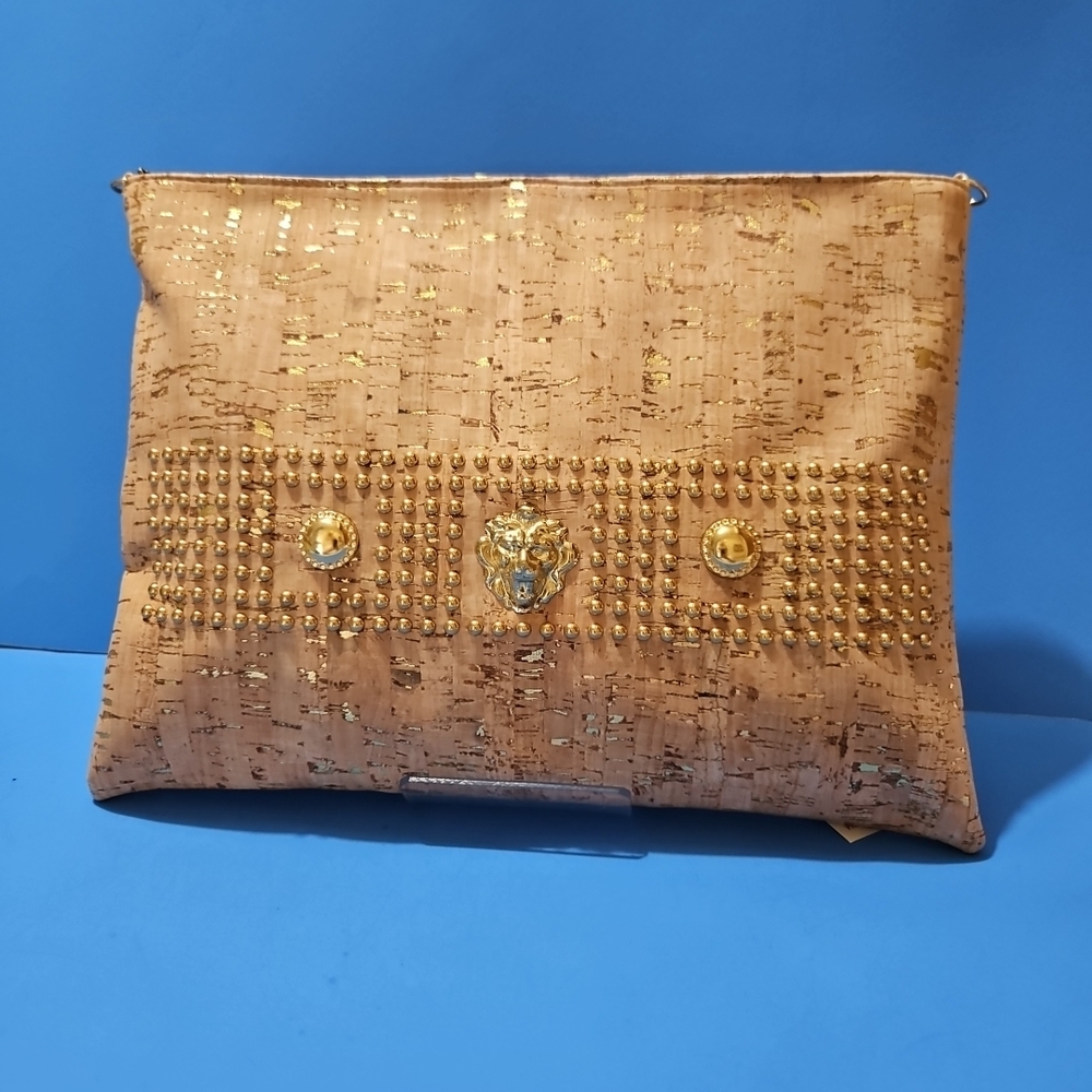 Gold Shoulder Bag with Textured Leather and Geometric Patterns